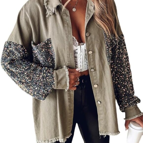 Womens Denim Jacket 2025 Sequin Patchwork Long Sleeve Jackets Top Button Front O